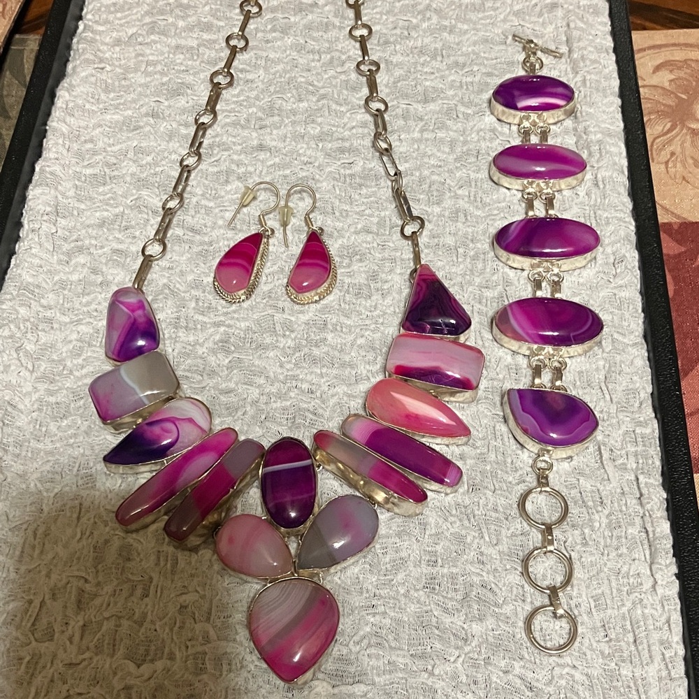 Pink Agate Statement Necklace and Earring Set with Matching Bracelet